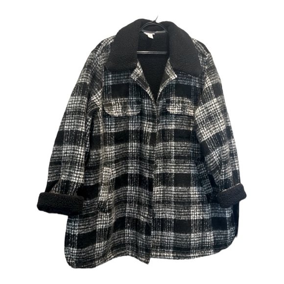 Joe Fresh Sherpa Teddy Fleece Black and White Checkered Shacket Coat Size 3X - Picture 2 of 15